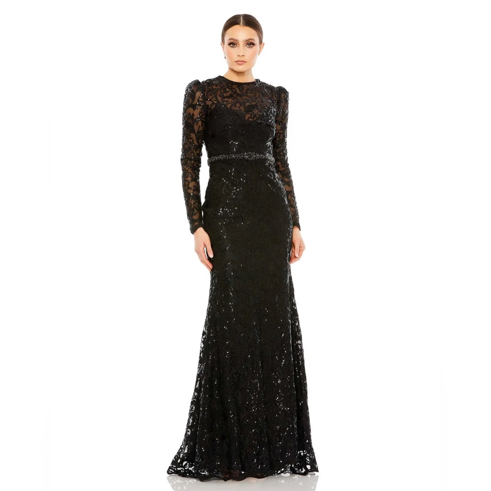 NWT $698 MAC DUGGAL EMBELLISHED HIGH NECK LONG SLEEVE GOWN DRESS BLACK 68011